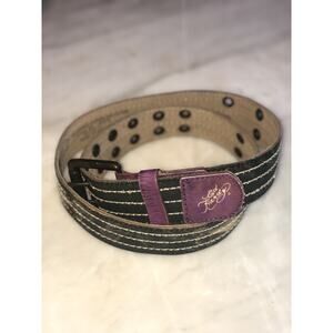 Ed Hardy Leather Canvas Belt Black Green Purple Roses SZ L 32" - 37"